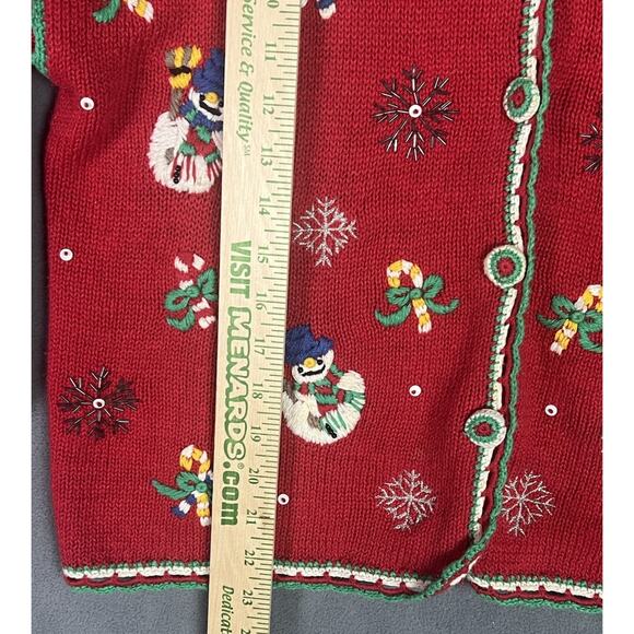 VTG NutCracker Christmas Cardigan Sweater Womens M Red Snowman Embroidered 90s - Picture 8 of 10